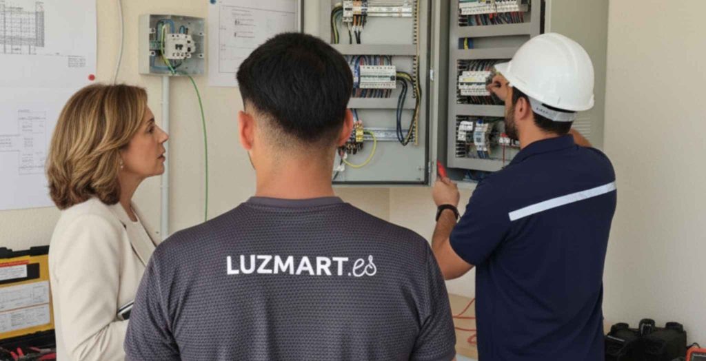 La imagen es creada y representa a un ingeniero eléctrico de una OCA revisando un cuadro eléctrico con un técnico de Luzmart